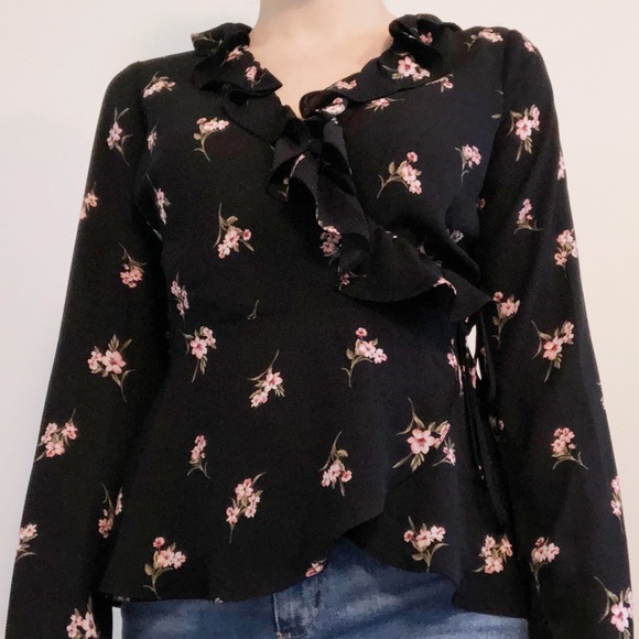 Ecoté black and floral chiffon wrap top - Picture 3 of 3